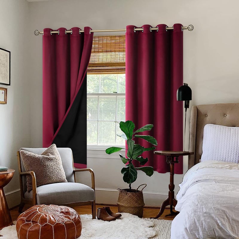 BGment Thermal Insulated 100% Blackout Curtains for Bedroom with Black Liner, Double Layer Full Room Darkening Noise Reducing Grommet Curtain (52 x 63 Inch, Burgundy Red, 2 Panels) - Image 2